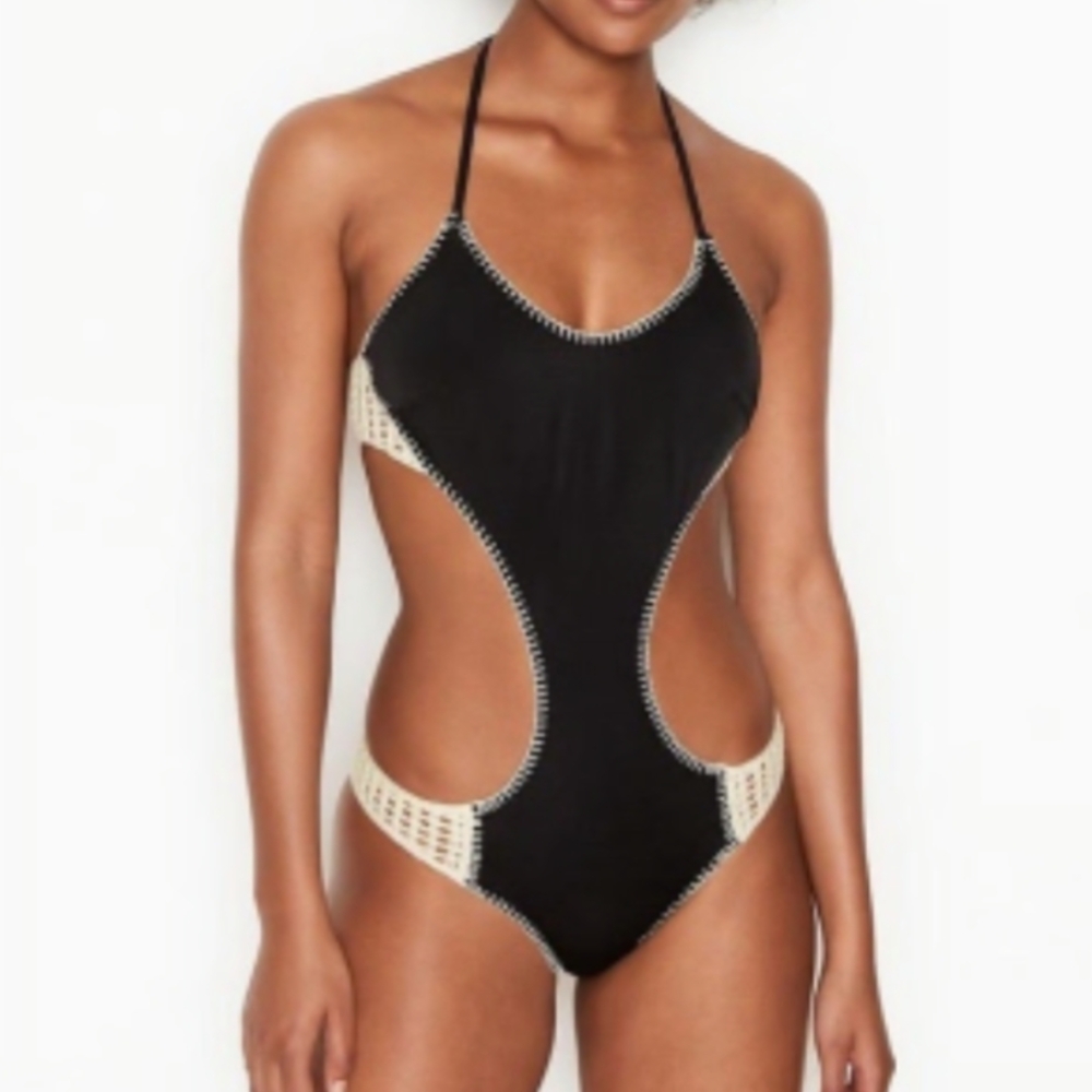 Victoria's Secret Black and Cream One Piece Swimsuit with High-Cut Legs